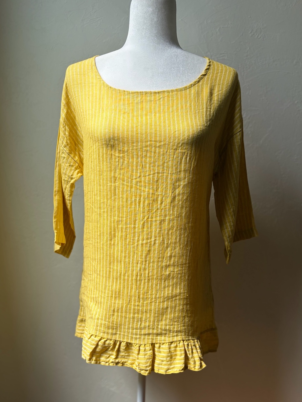 Lungo L’Arno Italian Linen Yellow Stripe Ruffle Hem Tunic Top S